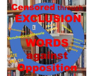 Estantería con señal de prohibición, palabras: Censurados por exclusión - palabras contra la oposición