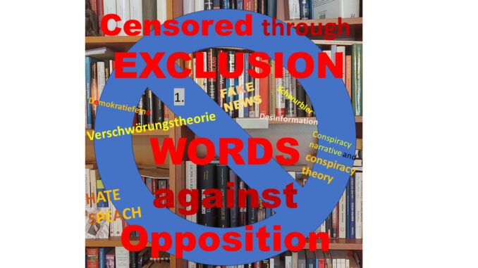 Bücherregal mit Verbotsschild, Worte: Zensiert durch Ausgrenzung - Worte gegen Opposition