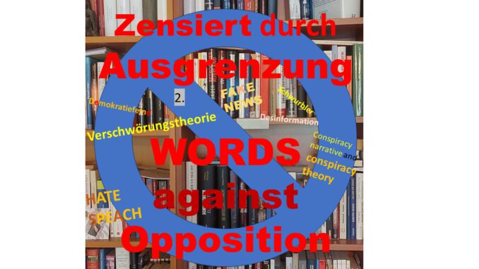 Titelbild: Bücherregal mit Verbotssschild, Aufschrift "Zensiert durch Ausgrenzung; Words against Opposition